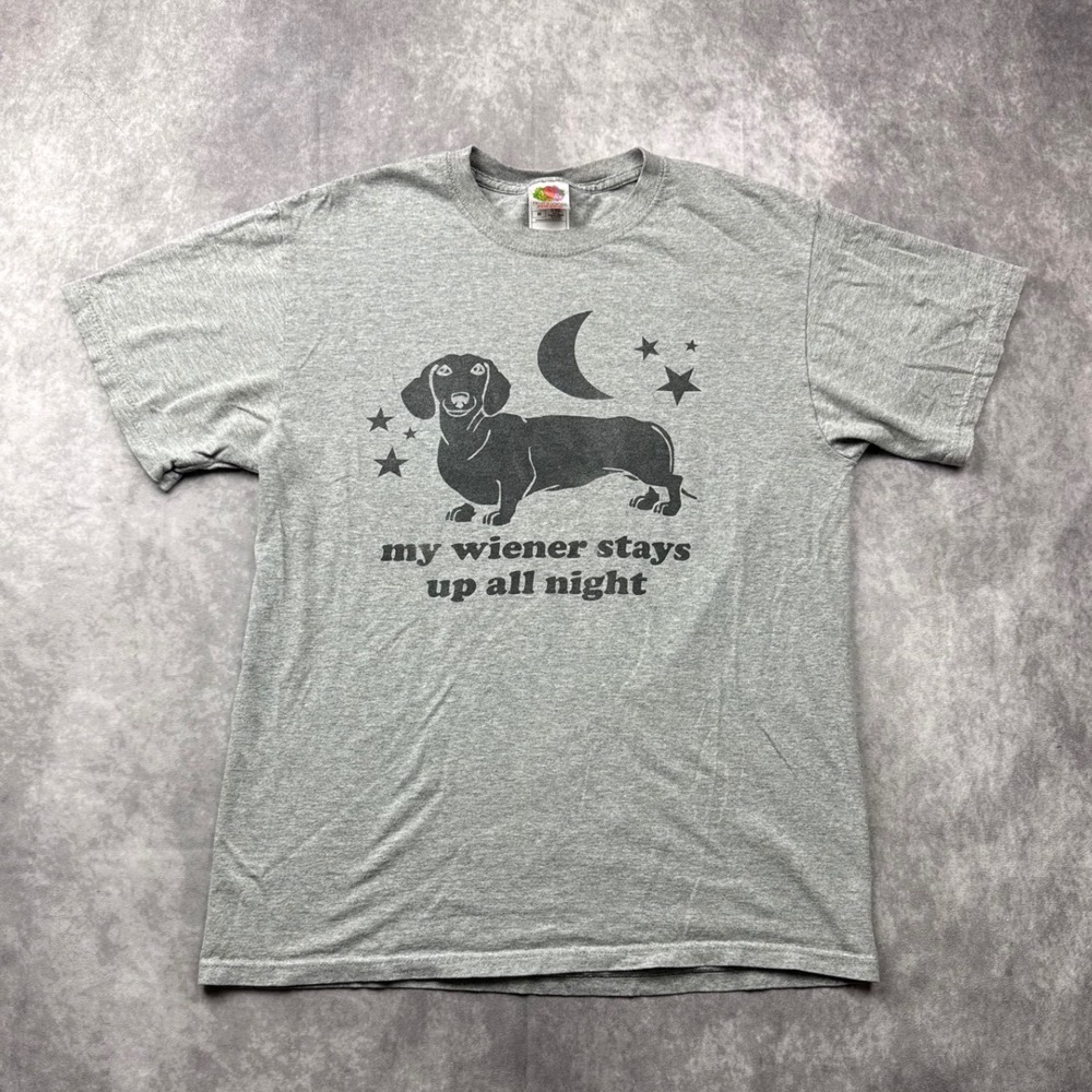 Fruit of the Loom Funny Dachshund Graphic T-Shirt Gray Mens Medium